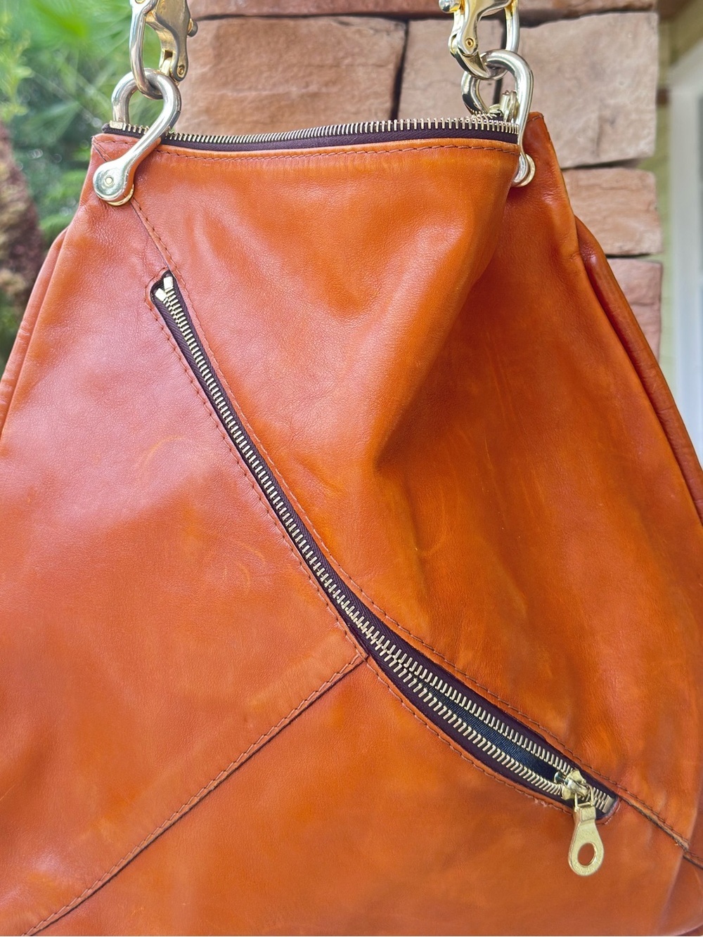 Christopher Kon Camel Leather Shoulder Bag Diagonal Zip Gold Hardware - Picture 10 of 15